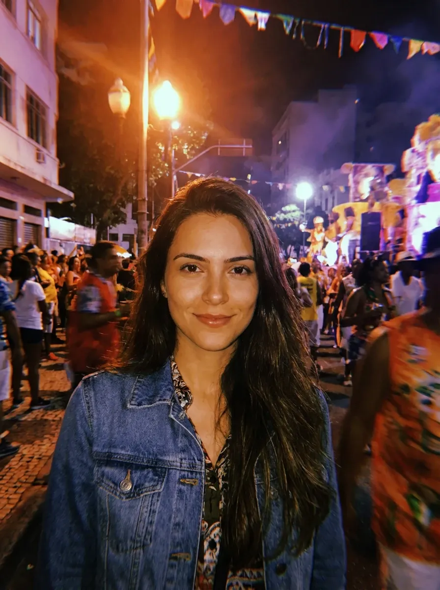 Original selfie input — woman with long dark hair in a denim jacket at a night event